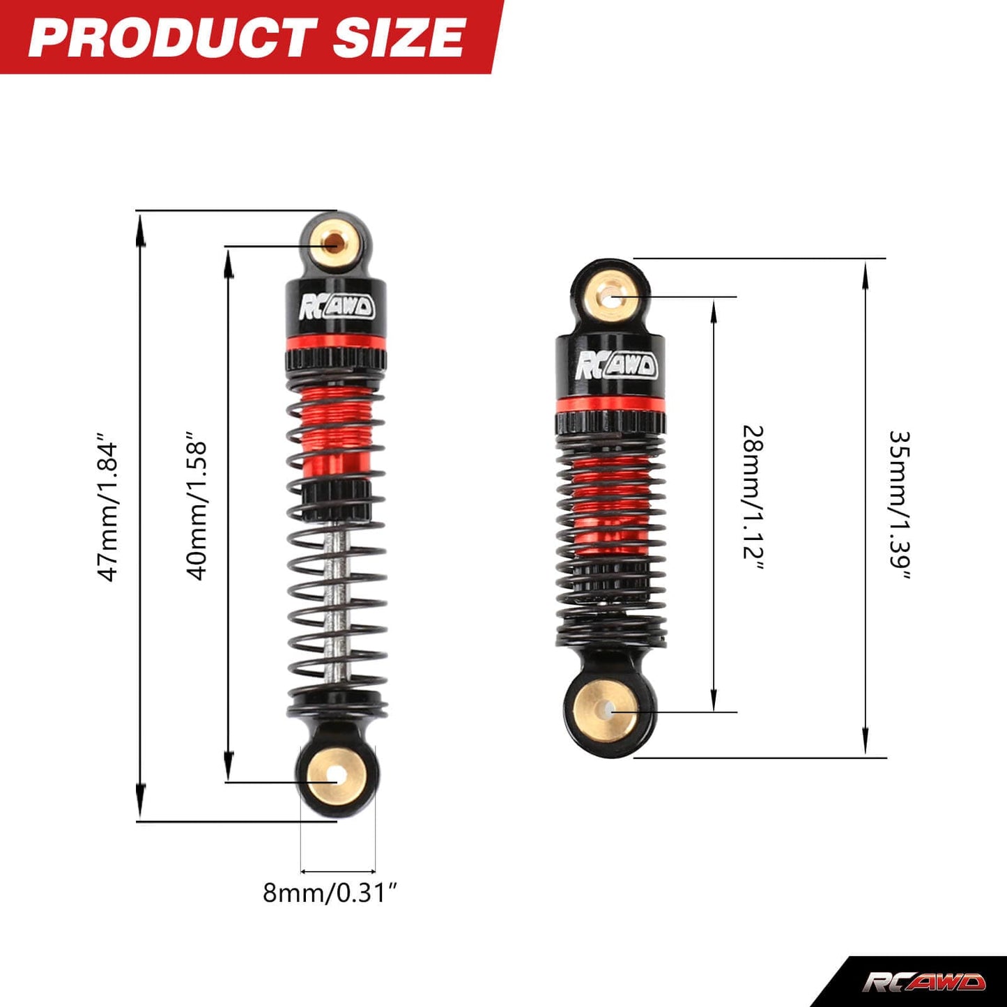 RCAWD Axial SCX24 47mm Oil Filled Shocks Absorber 4pcs with Extra Springs - RCAWD