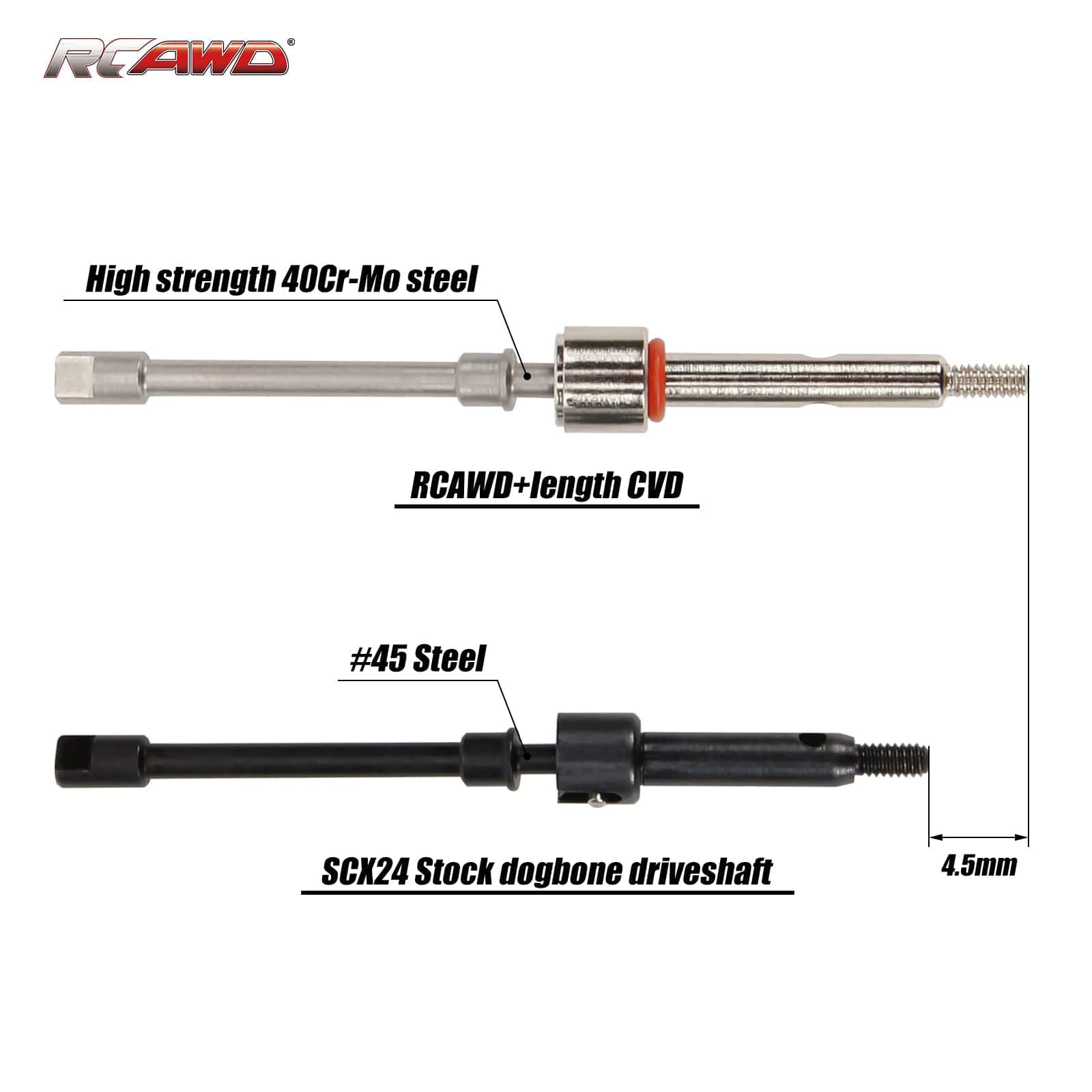 RCAWD AXIAL SCX24 RCAWD +4mm siliver RCAWD SCX24 +4mm Wide 40Cr-Mo Steel CVD Axle and Hex combo set