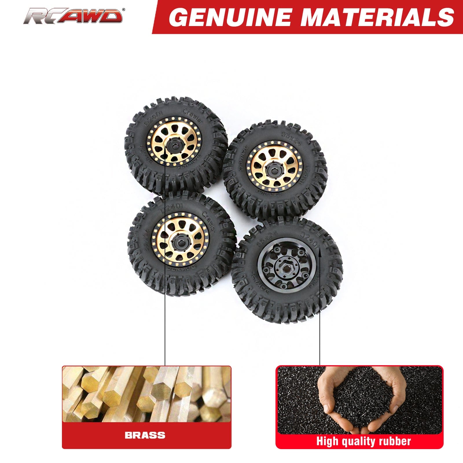 RCAWD AXIAL SCX24 RCAWD 4pcs 1.0" Brass Beadlock Wheels & Soft Rubber Tires Set for SCX24 RC Crawler