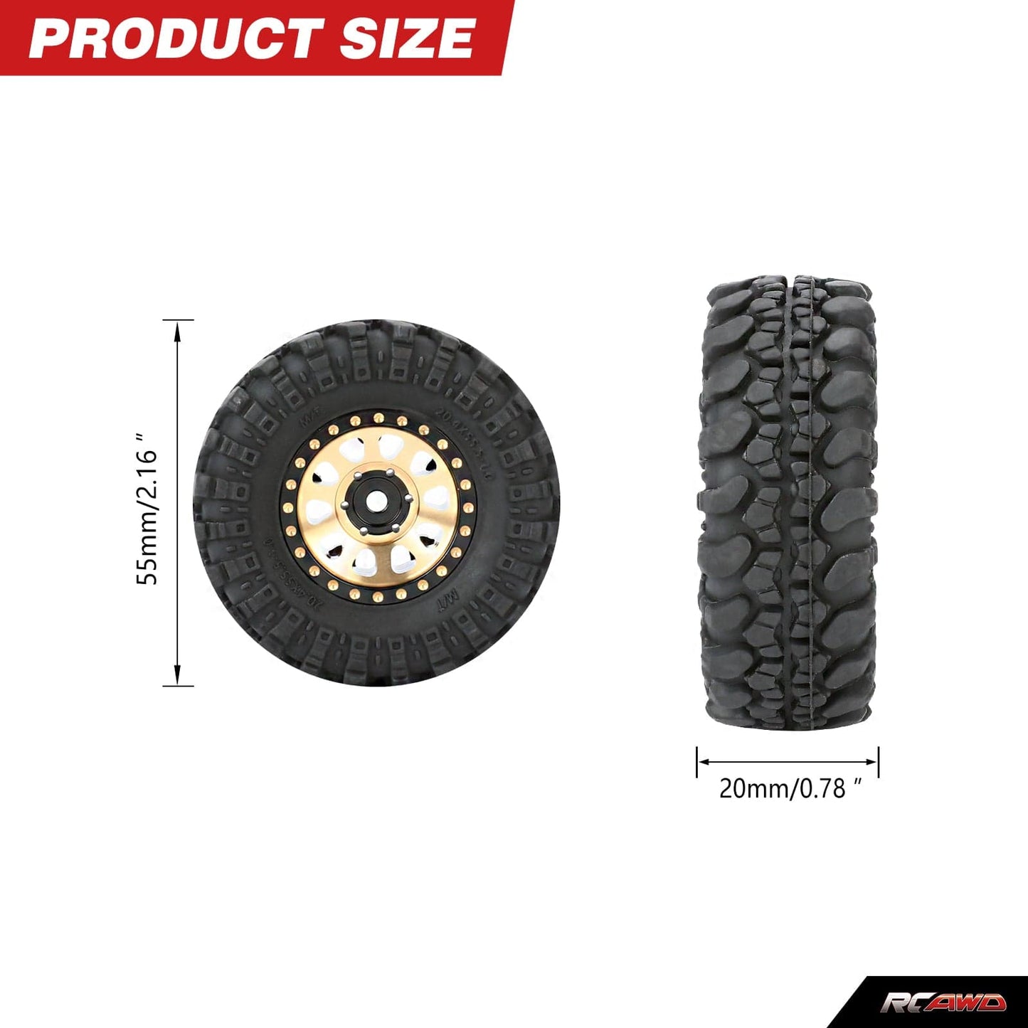 RCAWD AXIAL SCX24 RCAWD 4pcs 1.0" Brass Beadlock Wheels & Soft Rubber Tires Set for SCX24 RC Crawler