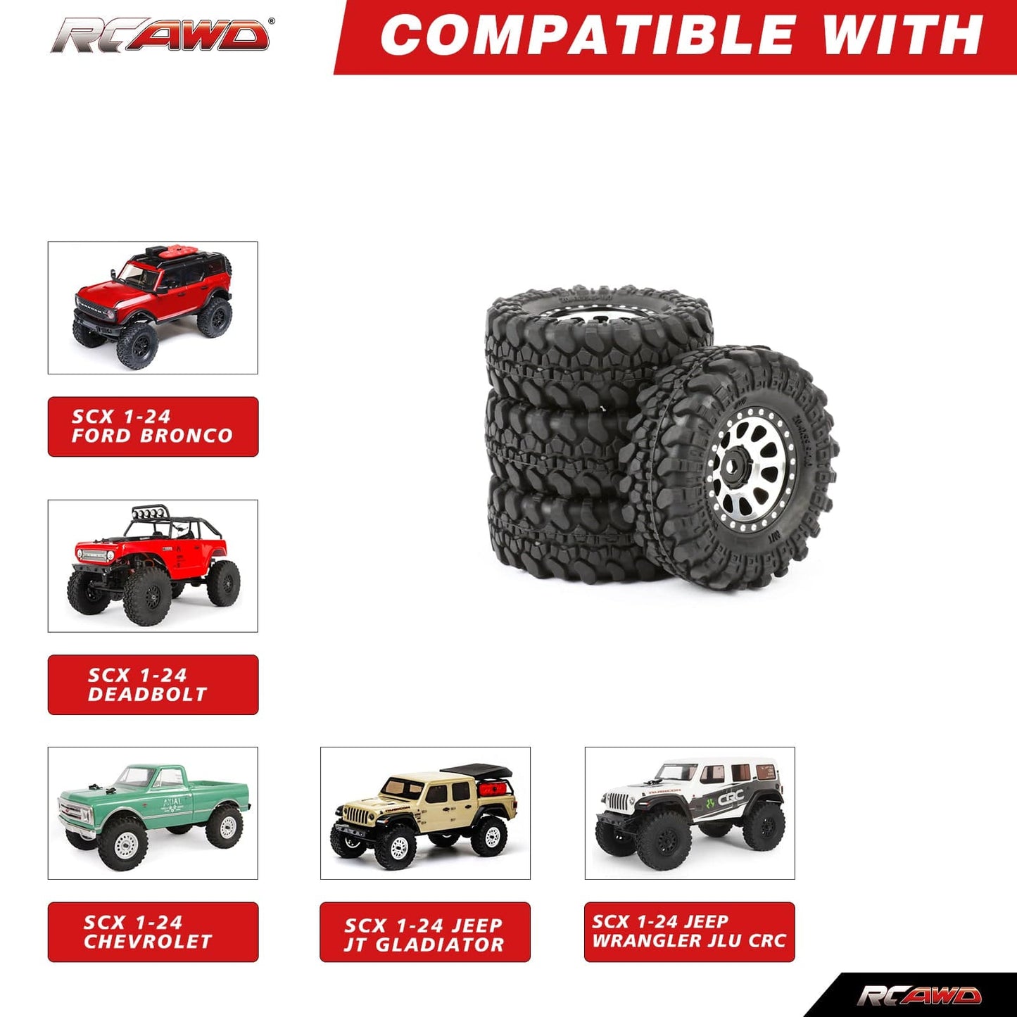 RCAWD AXIAL SCX24 RCAWD Aluminum 1.0" Beadlock Wheels & Rock Crawling Tires Set for 1/24 RC Crawlers