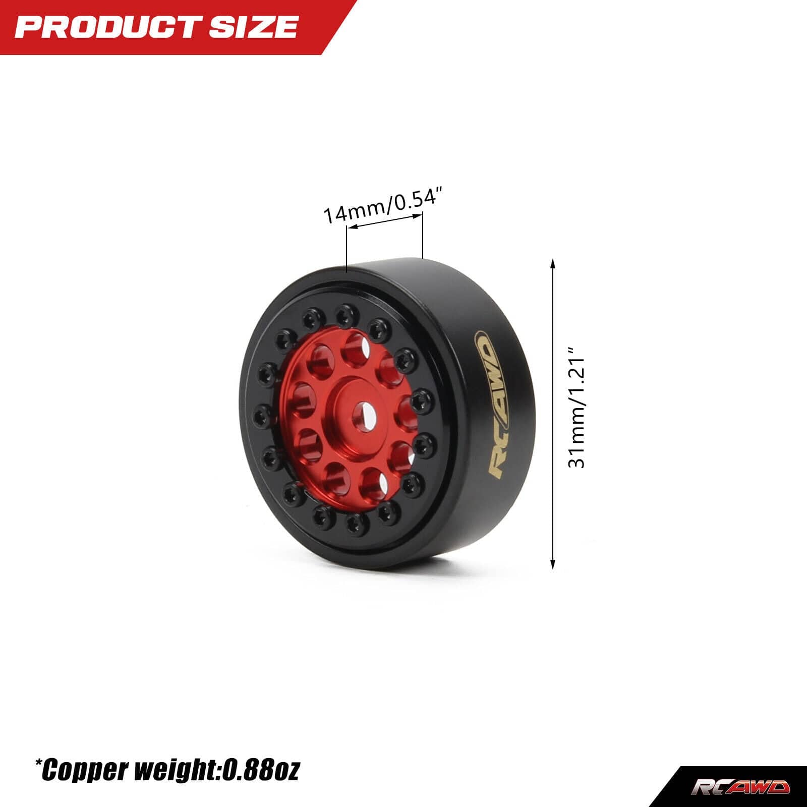 RCAWD AXIAL SCX24 RCAWD SCX24 1.0" beadlock Aluminium wheel rim with brass counterweight ring 26g/pc SCX2538