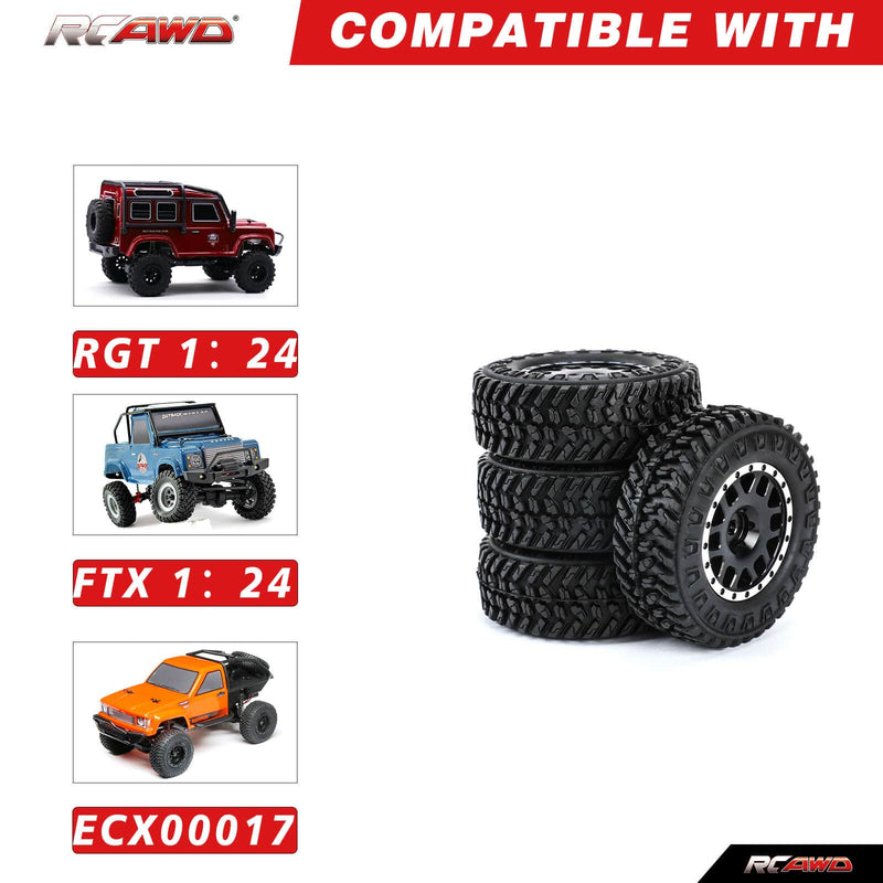 RCAWD 4pcs 1.0'' 55mm Weighted Beadlock Wheel Tires Set for SCX24 FCX24 RC Crawler - RCAWD