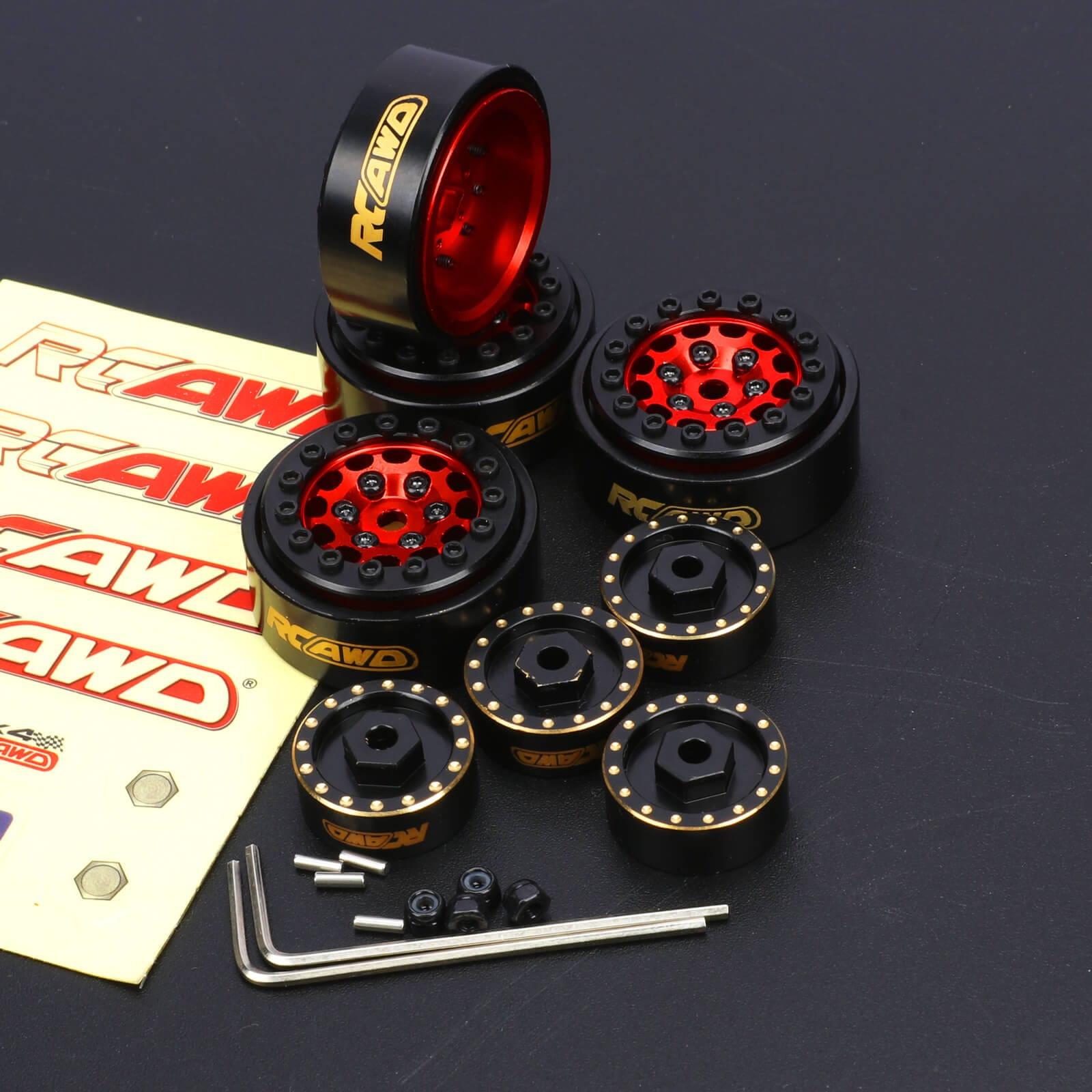 RCAWD AXIAL SCX24 Red RCAWD 1.0'' Wheels 12 Spokes with counterweight 7mm Hex Set