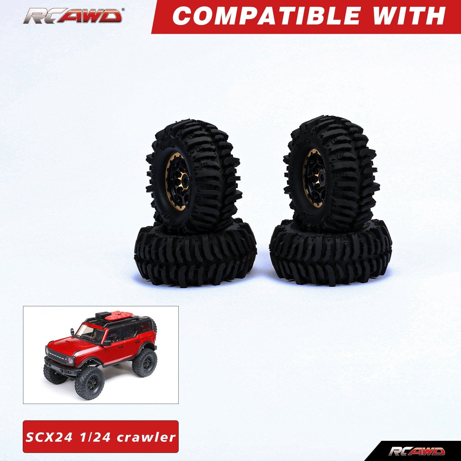 RCAWD AXIAL SCX24 Wheels and Tires Set RCAWD 1.0'' Brass Beadlock Wheels and Mud Tires Set for  SCX24 Crawler Car