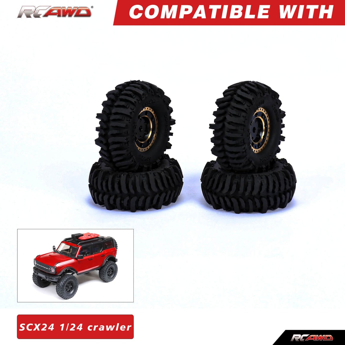 RCAWD AXIAL SCX24 Wheels and Tires Set RCAWD 1.0" Brass wheel and 52*20mm Tires for SCX24 RC Crawler