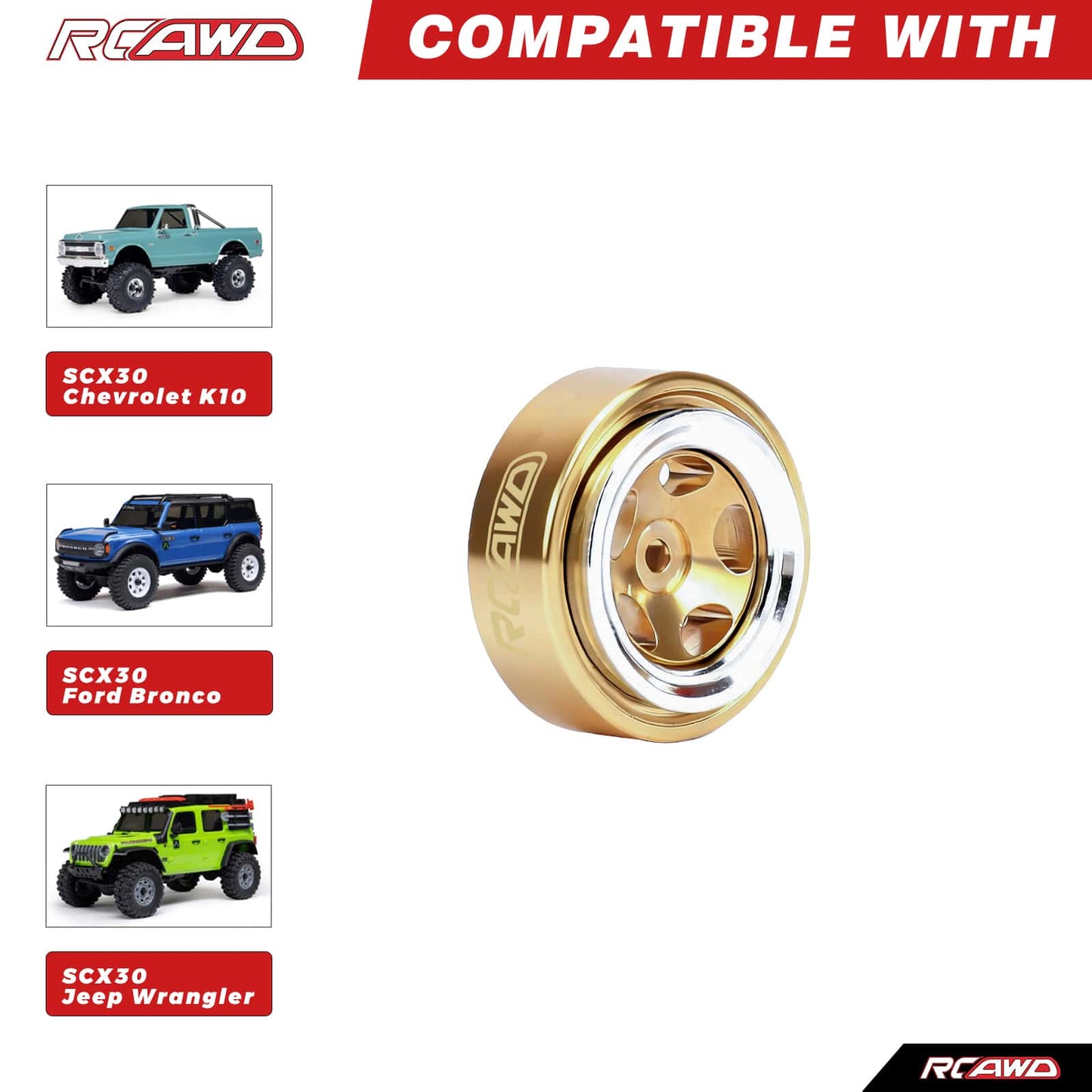 RCAWD Axial SCX30 RCAWD SCX30 0.7" New Round Hole Design All Brass Wheel Rims