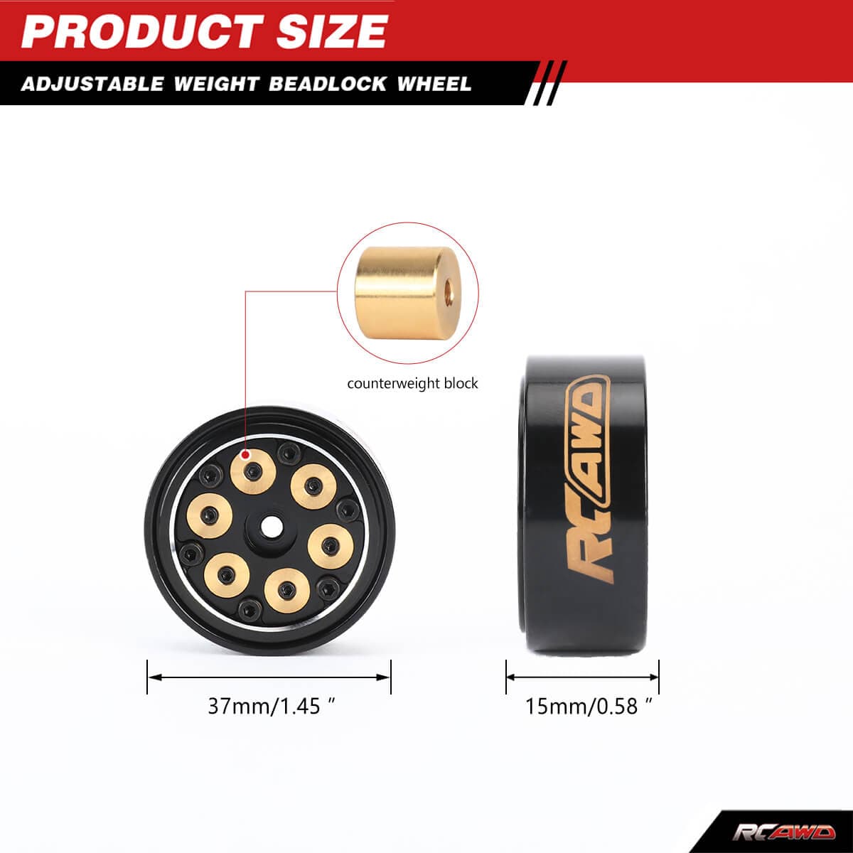 RCAWD Cyberwheelz adjustable weight 1.3" Beadlock Wheel Rims for 1/24 1/18 RC Crawler - RCAWD