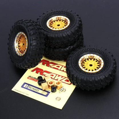 RCAWD FMS FCX24 Gold RCAWD 4pcs 55*20mm Wheel Tires with 7mm Brass Hex Hub for FMS 1/24 FCX24 Smasher