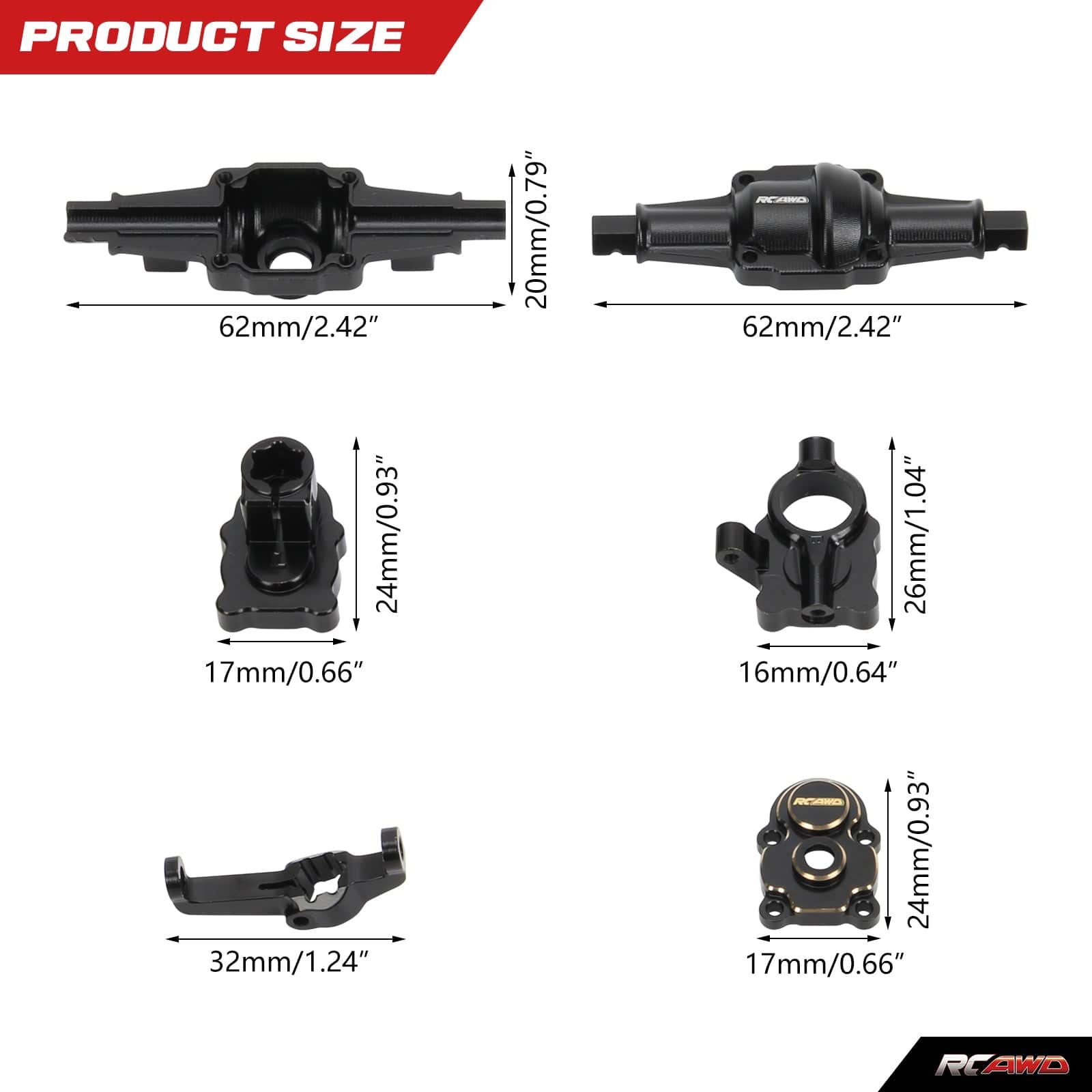 RCAWD FMS FCX24 RCAWD FCX24 Aluminum Front Rear Axles Housing Set with Brass Steering Hub Carrier