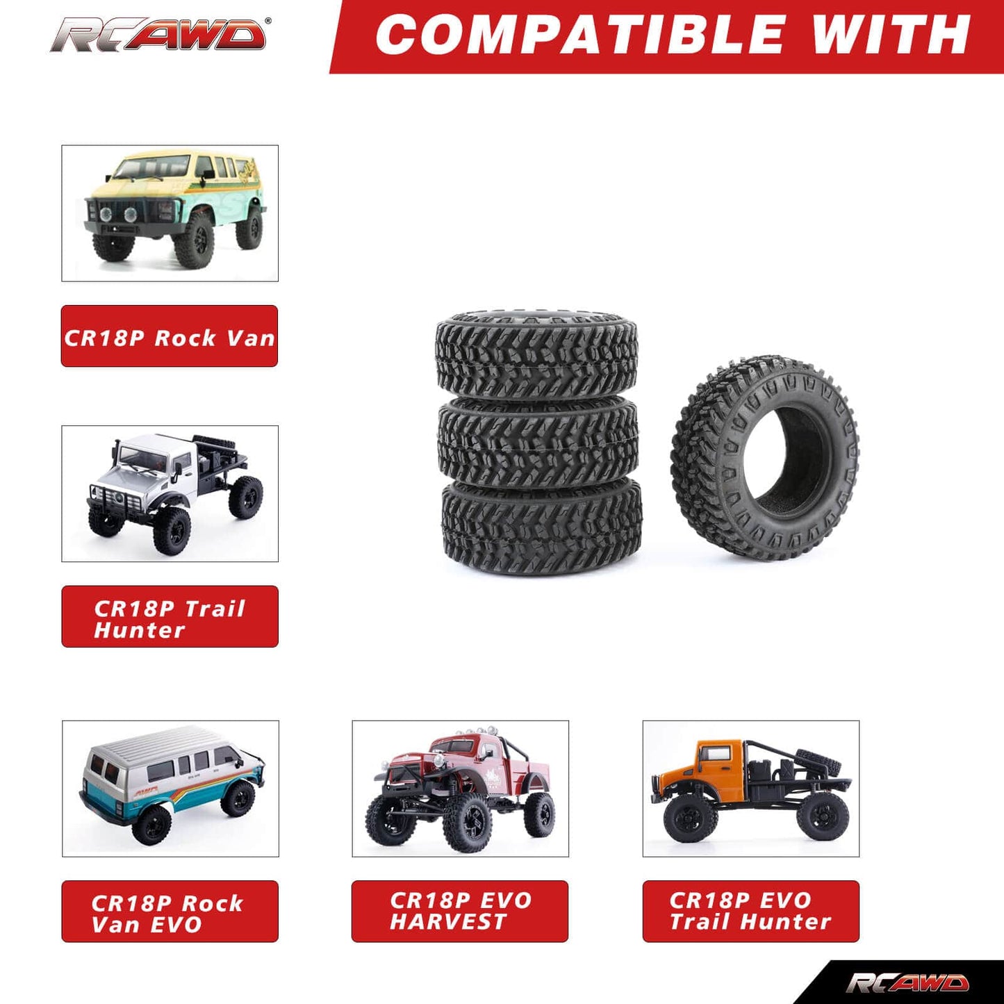 RCAWD HobbyPlus CR18 Upgrades 55mm 1.2'' Small Gravel Tires for CR18P Rock Van - RCAWD