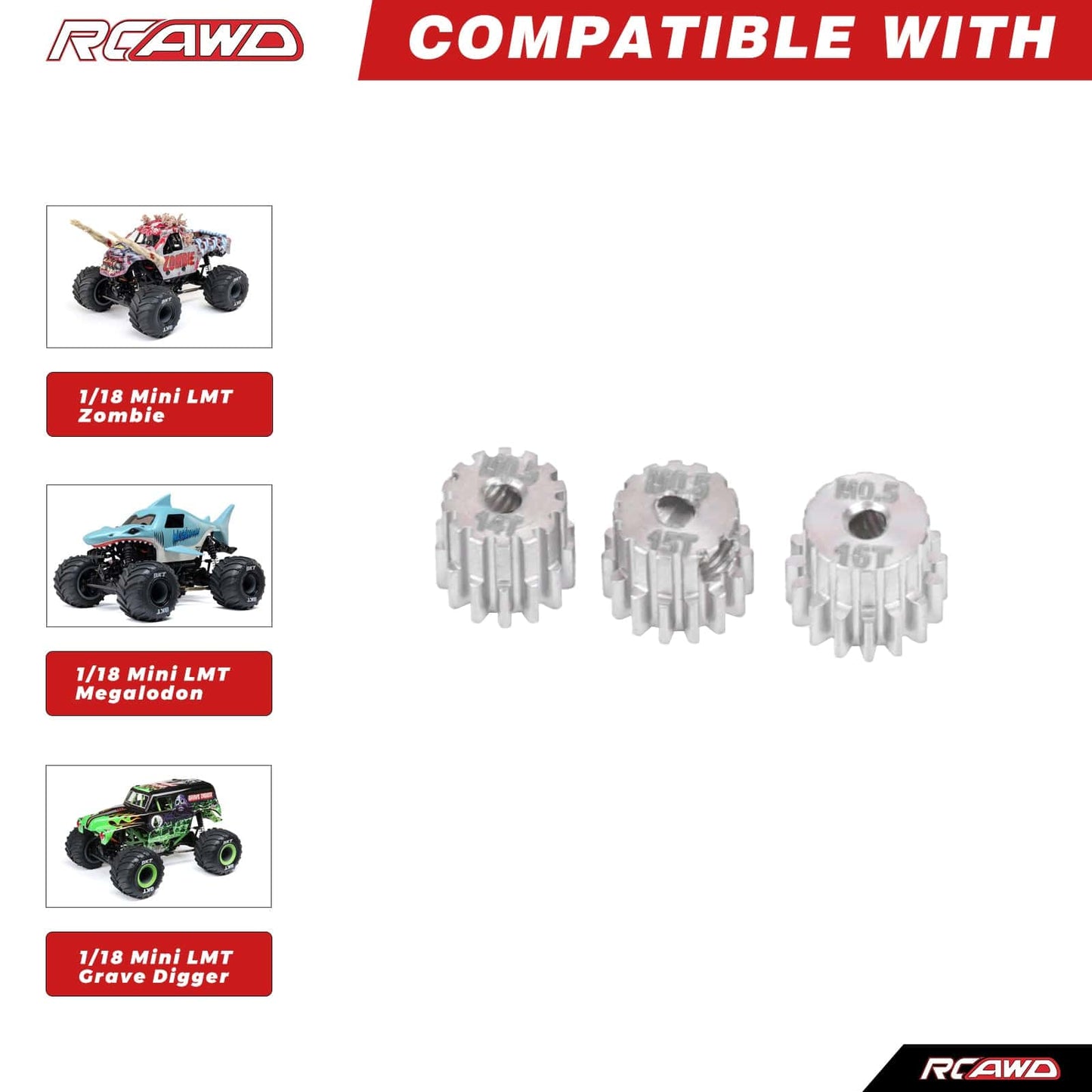 RCAWD Losi 1/18 Mini LMT RCAWD LOSI MINI LMT M0.5 2.0 Bore Pinion Gear 14T 15T 16T Set