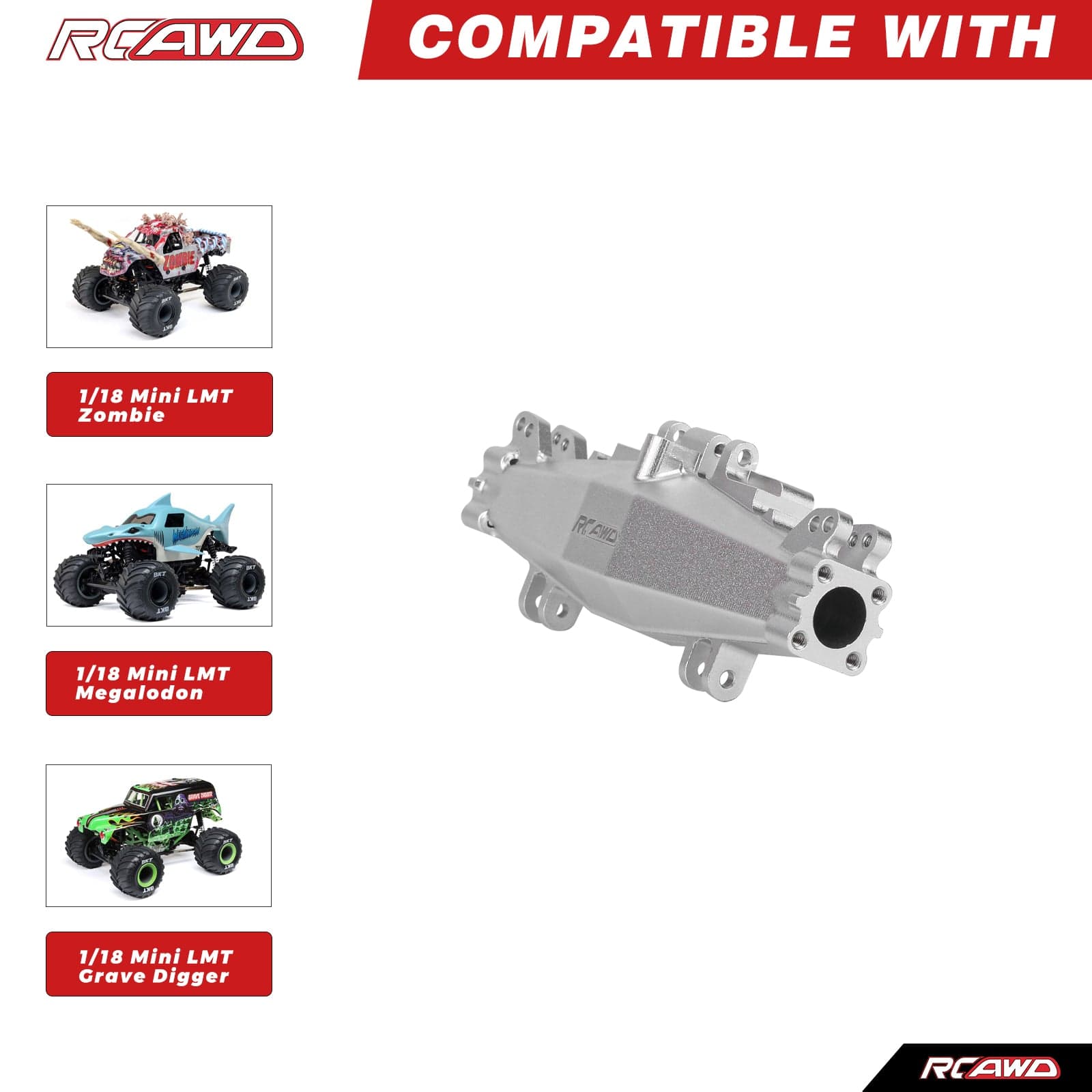 RCAWD Losi 1/18 Mini LMT Silver RCAWD LOSI MINI LMT Front Rear GearBox Axle Housing