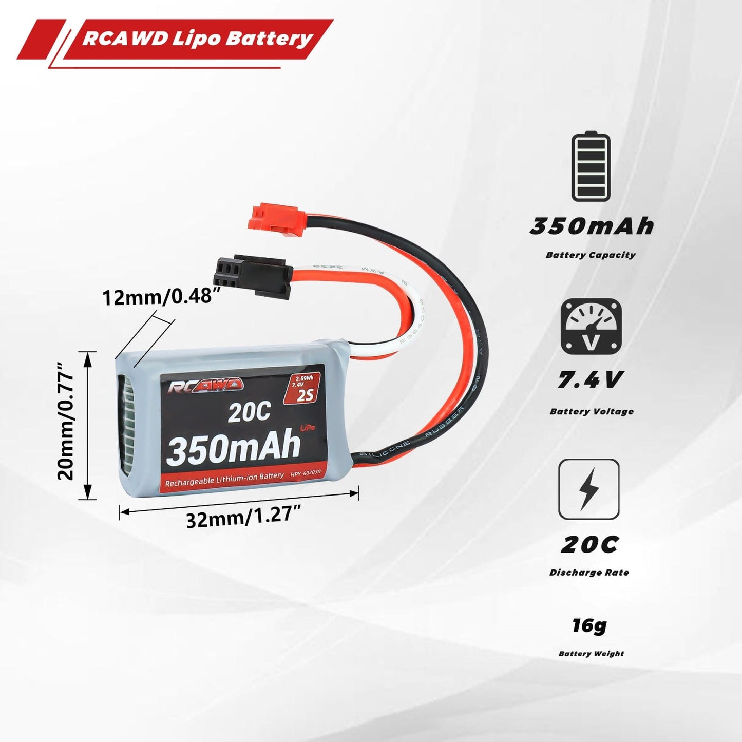 RCAWD Losi 1/24 MICRO-B 2S 2WD 7.4V 350mAh 2.59Wh 20C 2S RCAWD LOSI 1/24 MICRO-B 2S 7.4V 350mAh Battery Set With PH2.0 Plug