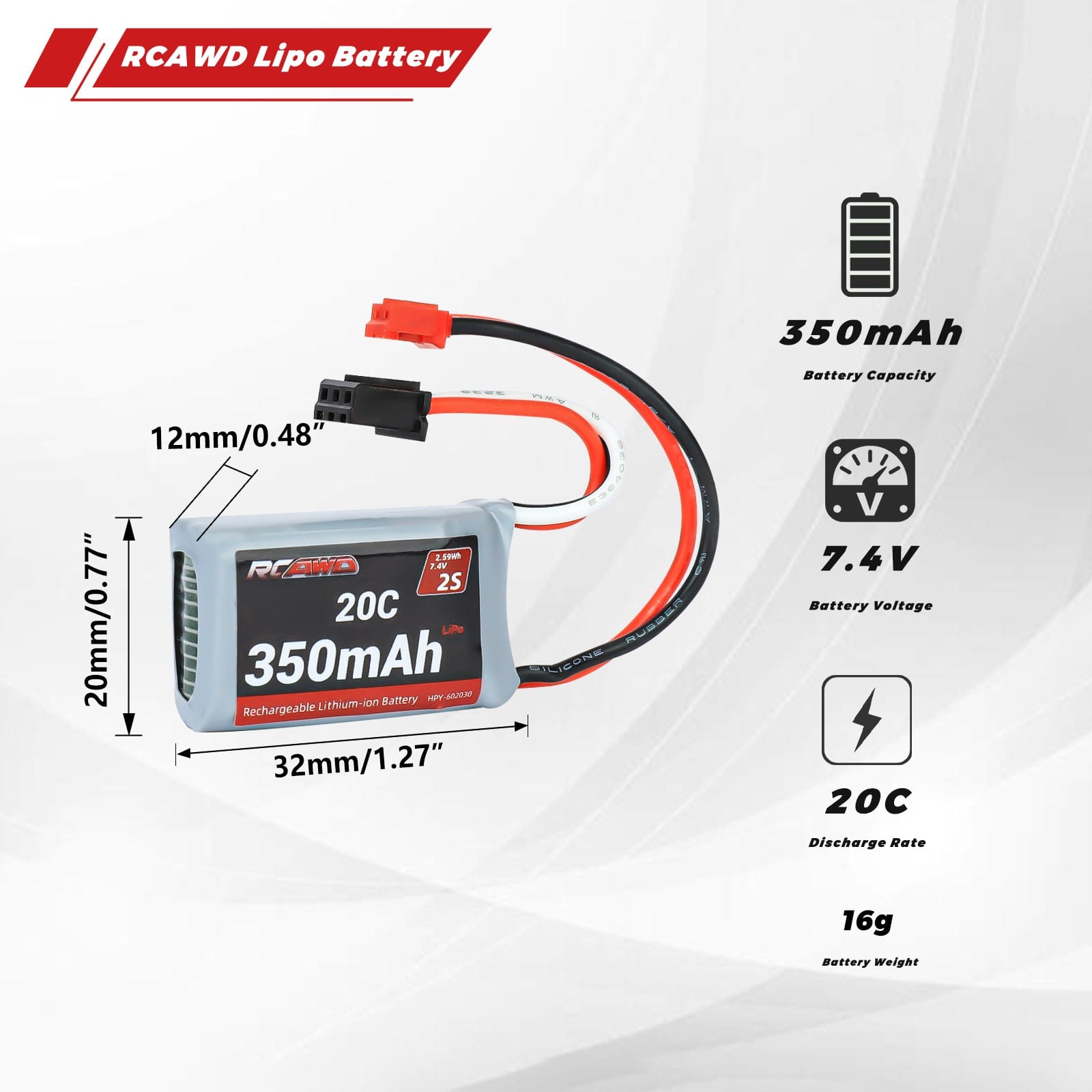 RCAWD Losi 1/24 MICRO-B 2S 2WD 7.4V 350mAh 2.59Wh 20C 2S RCAWD LOSI 1/24 MICRO-B 2S 7.4V 350mAh Battery Set With PH2.0 Plug