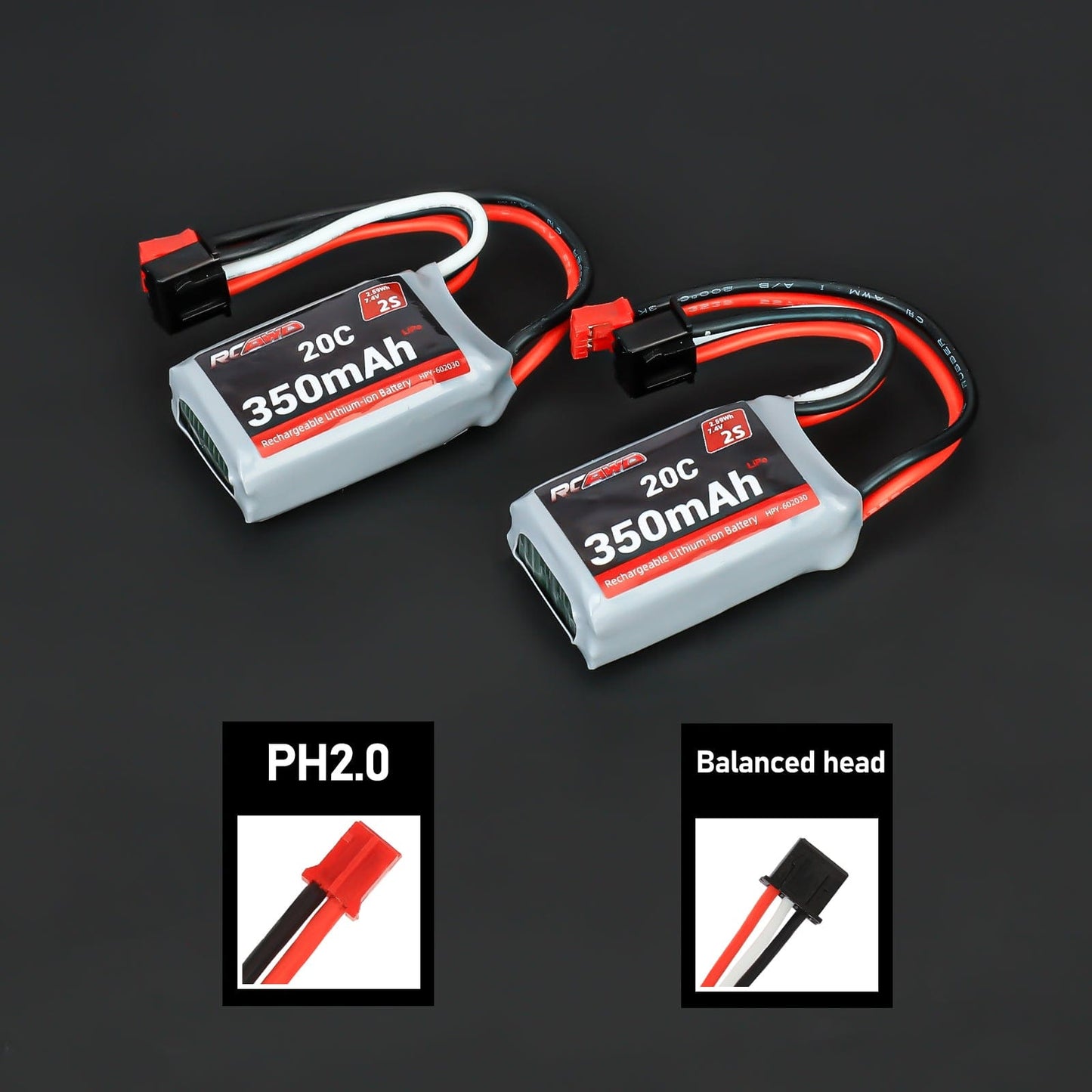 RCAWD Losi 1/24 MICRO-B 2S 2WD 7.4V 350mAh 2.59Wh 20C 2S RCAWD LOSI 1/24 MICRO-B 2S 7.4V 350mAh Battery Set With PH2.0 Plug