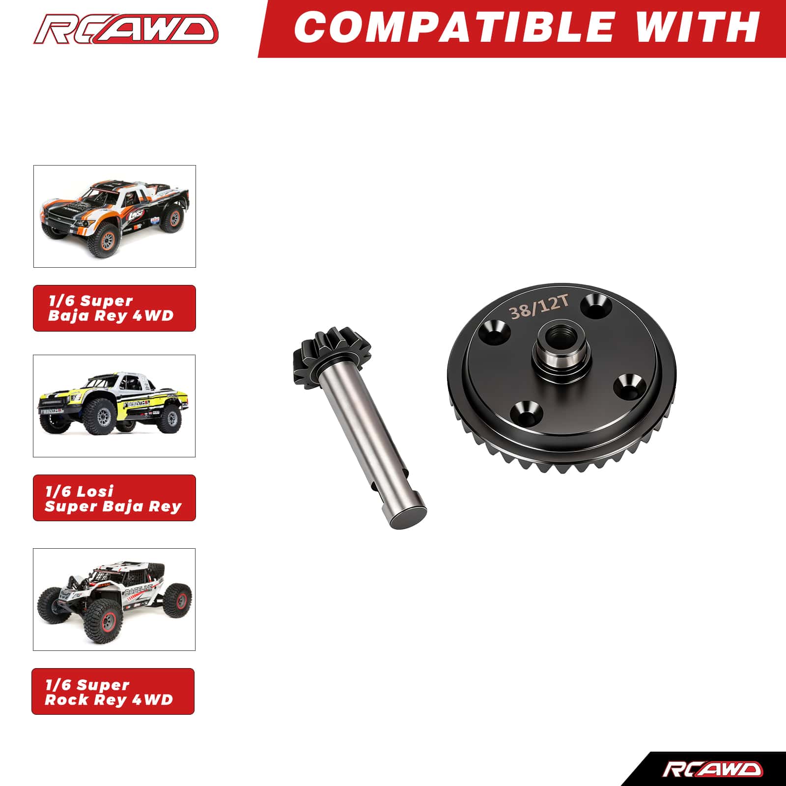 RCAWD Losi 1/6 Super Baja Rey Rear Trailing Arm RCAWD LOSI Super Baja Rey 38/12T Spur Pinion Gear Set