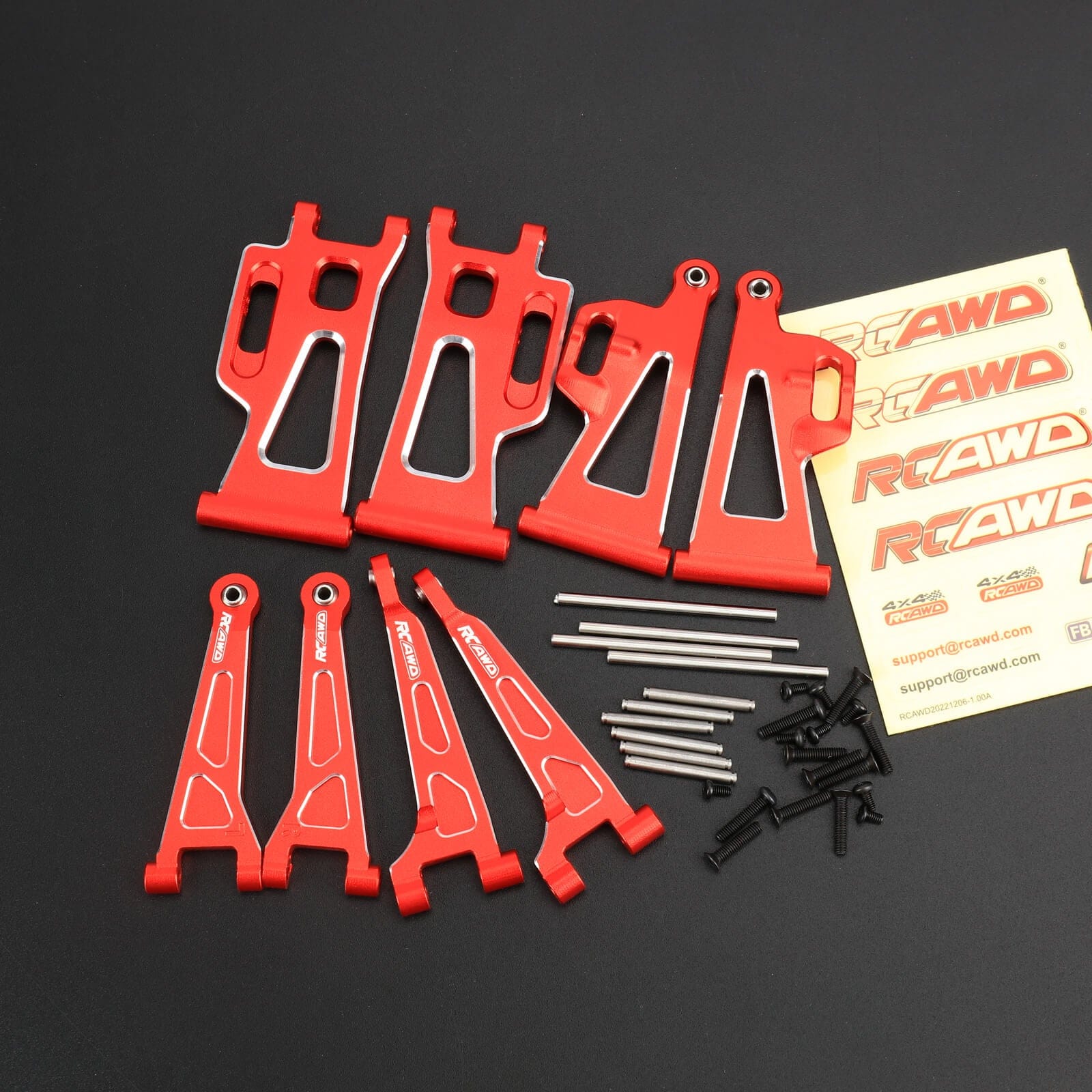 RCAWD mjx Front Rear Suspension Arm Set / Red RCAWD Hyper Go Full Aluminum Suspension Arm Set With Steering knuckle