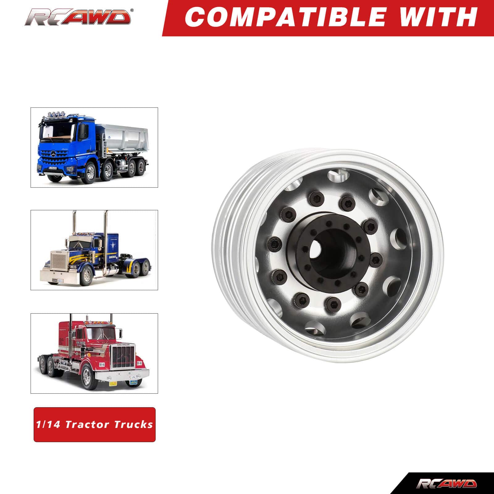 RCAWD Tamiya 1/14 Tractor Truck Series Silver-Black RCAWD 62g/pc Alum Alloy Rear Wheel Hubs Rims for Tamiya 1/14 Tractor Truck Series Upgrade Parts